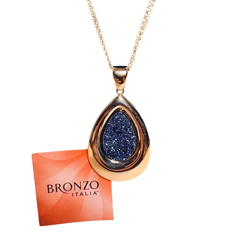 Bronzo Italia Rose Gold Tone Necklace With Blue Druzy Teardrop Pendant (6290) - Picture 2 of 9
